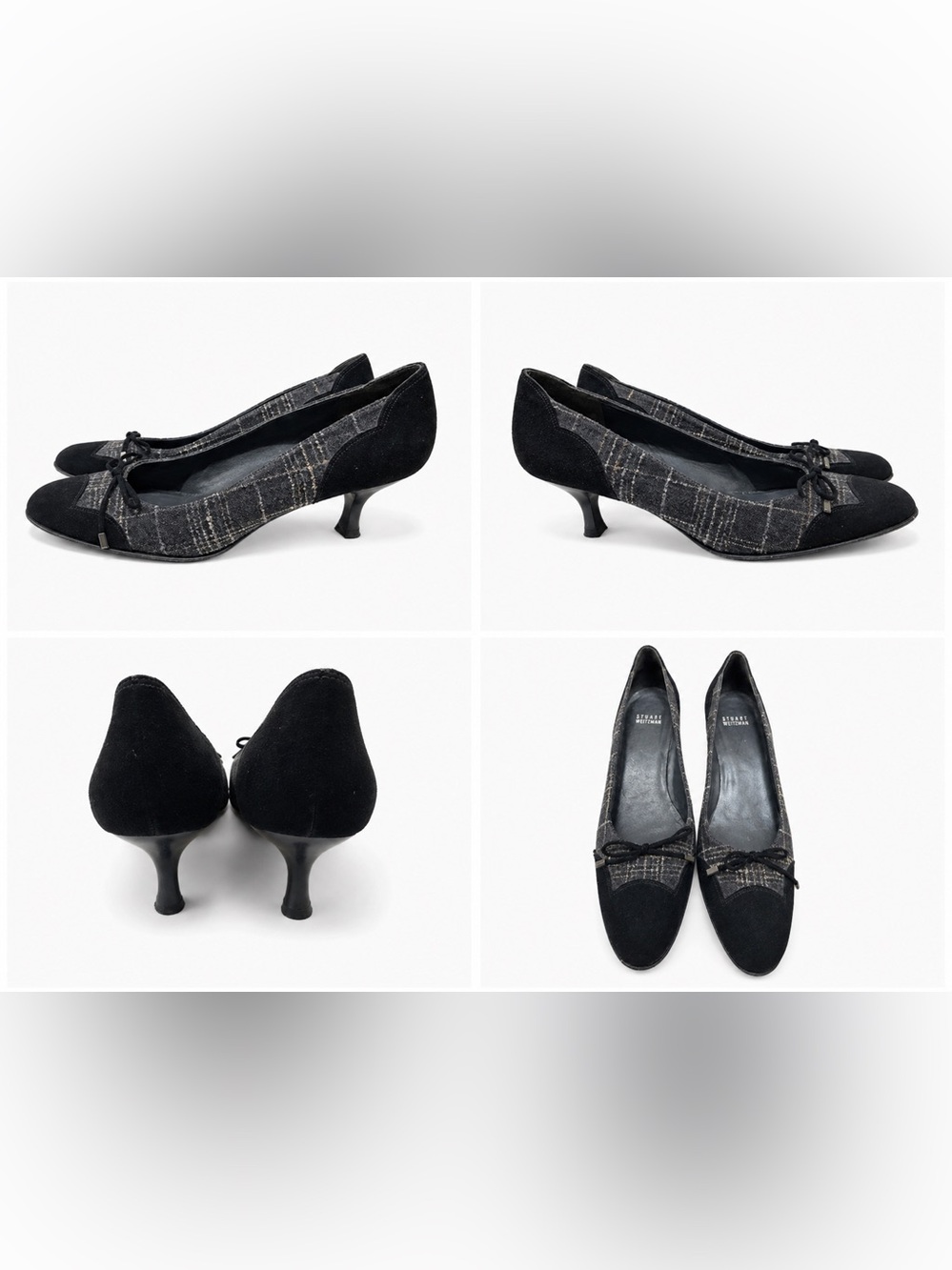 Stuart Weitzman Plaid Kitten Heel Pumps – Black Suede Cap Toe Bow Shoes – 9